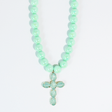 Mint beaded necklace with crystal cross pendant