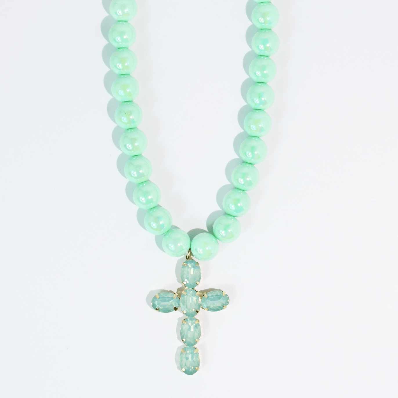 Mint beaded necklace with crystal cross pendant