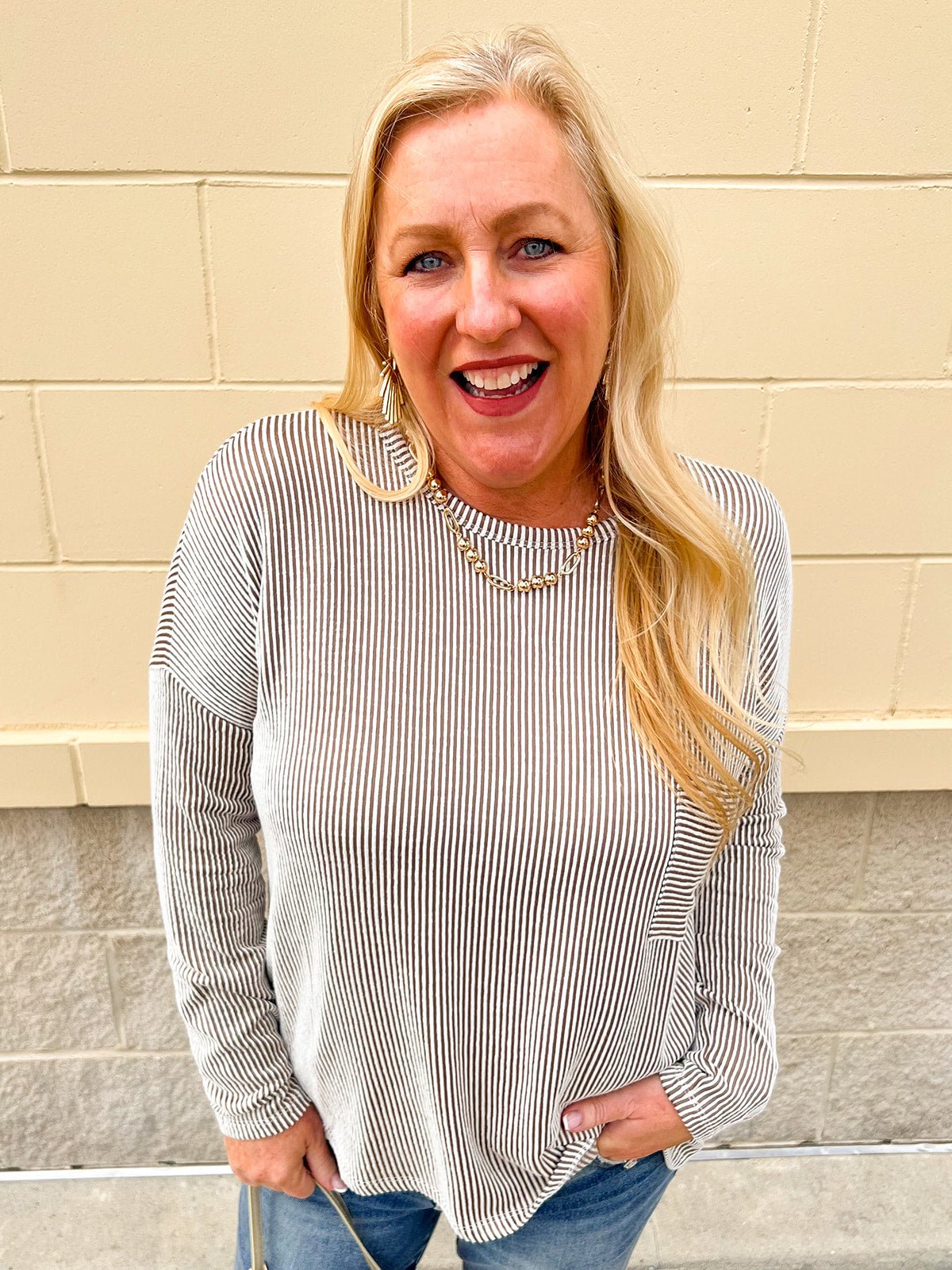 Mocha Mornings Striped Pocket Top - The Pink Pineapple 850