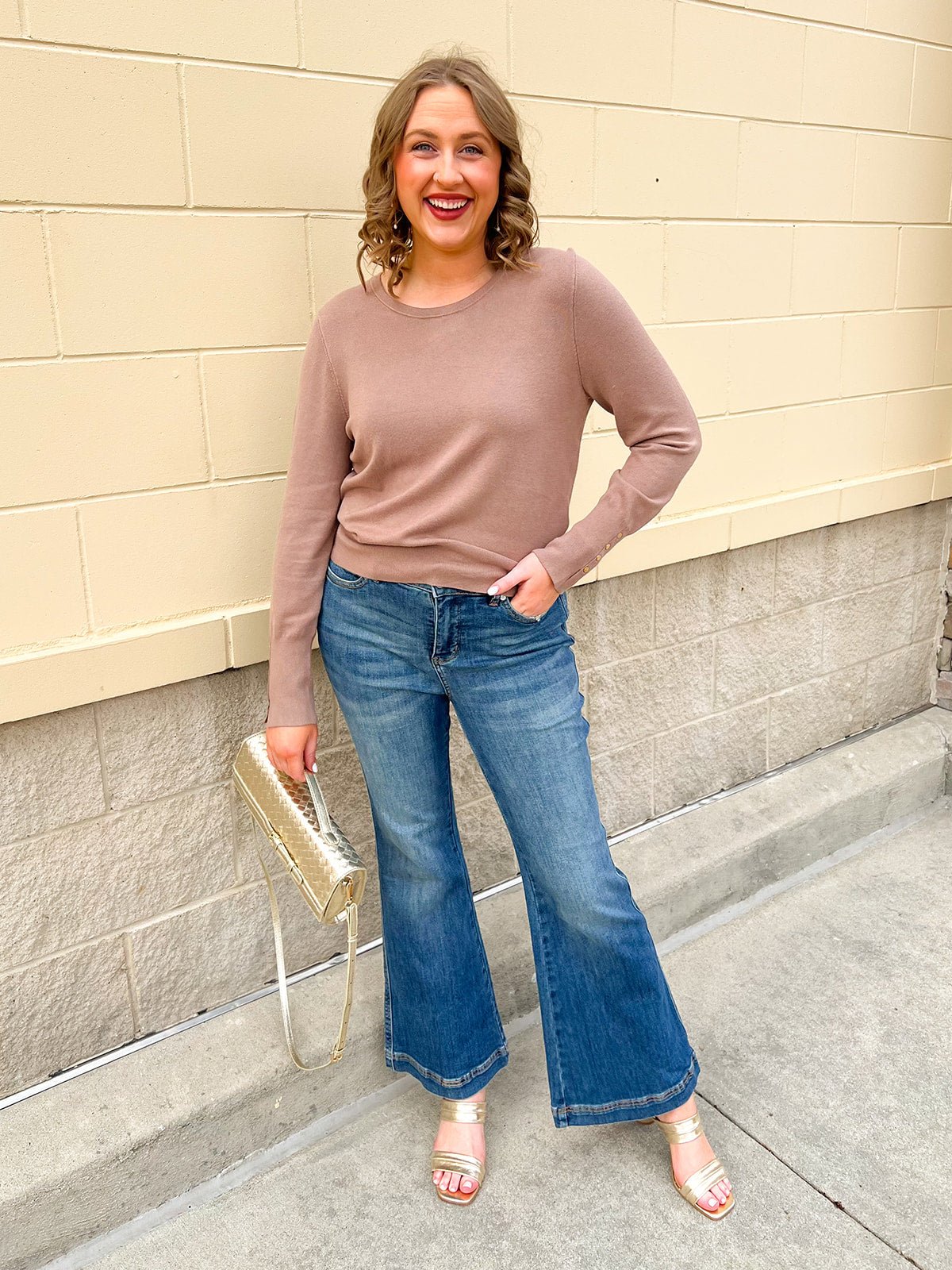 Mocha Poise Button - Cuff Knit Top - The Pink Pineapple 850