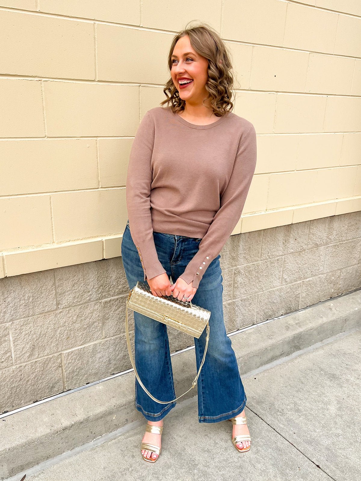 Mocha Poise Button - Cuff Knit Top - The Pink Pineapple 850