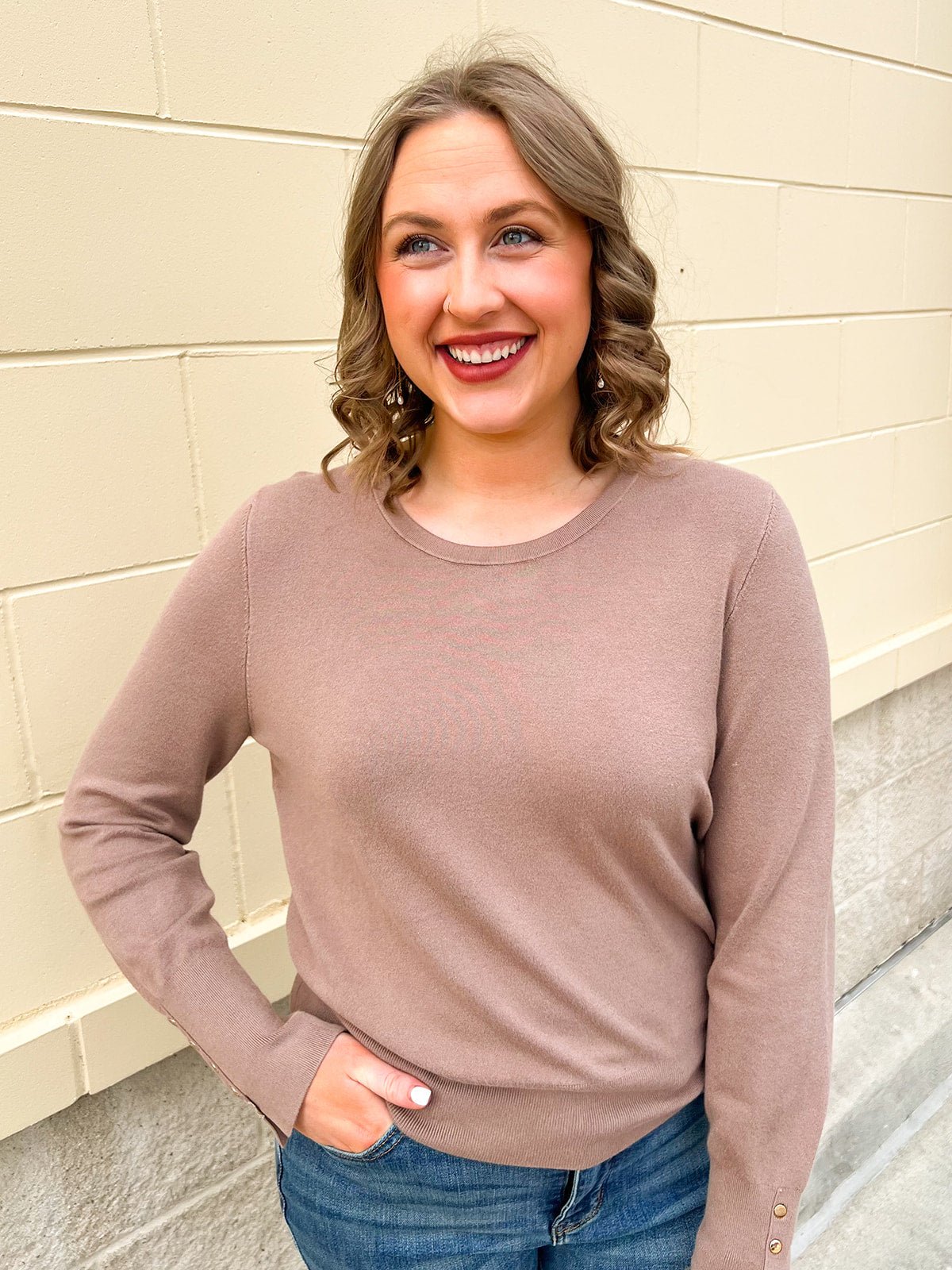 Mocha Poise Button - Cuff Knit Top - The Pink Pineapple 850