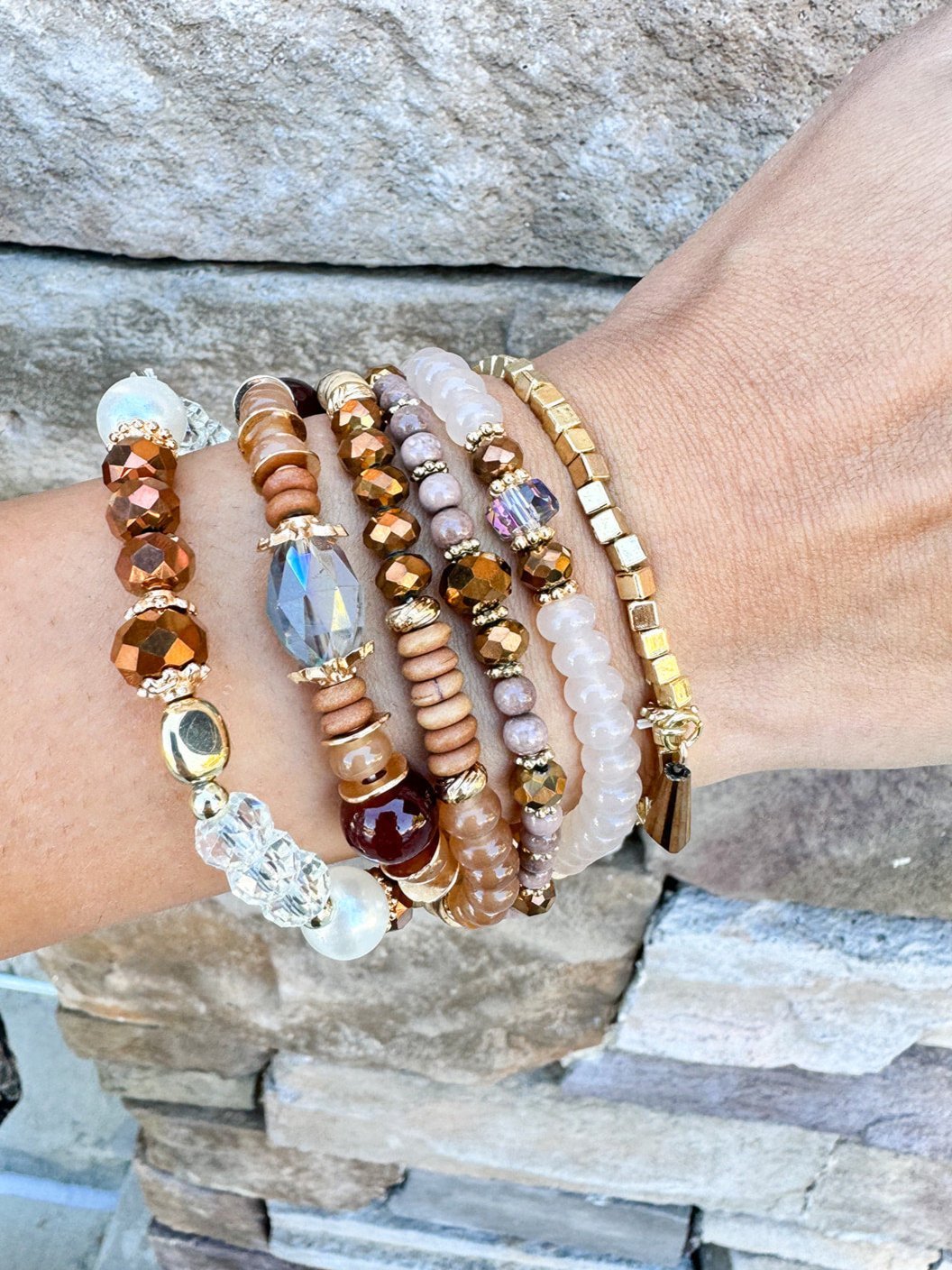 Multi Stone Beads Stackable Bracelet Light Brown - The Pink Pineapple 850