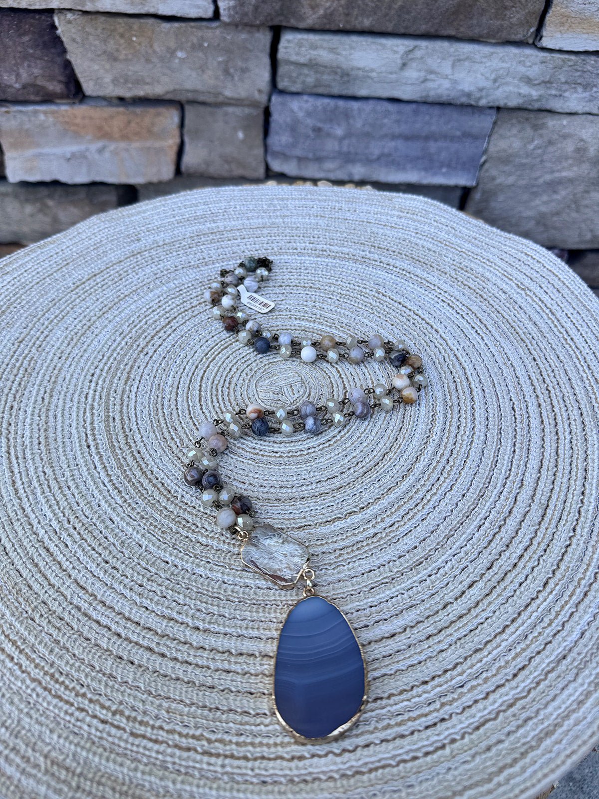 Natural Stone Bead Necklace with Agate Pendant-Cream - The Pink Pineapple 850