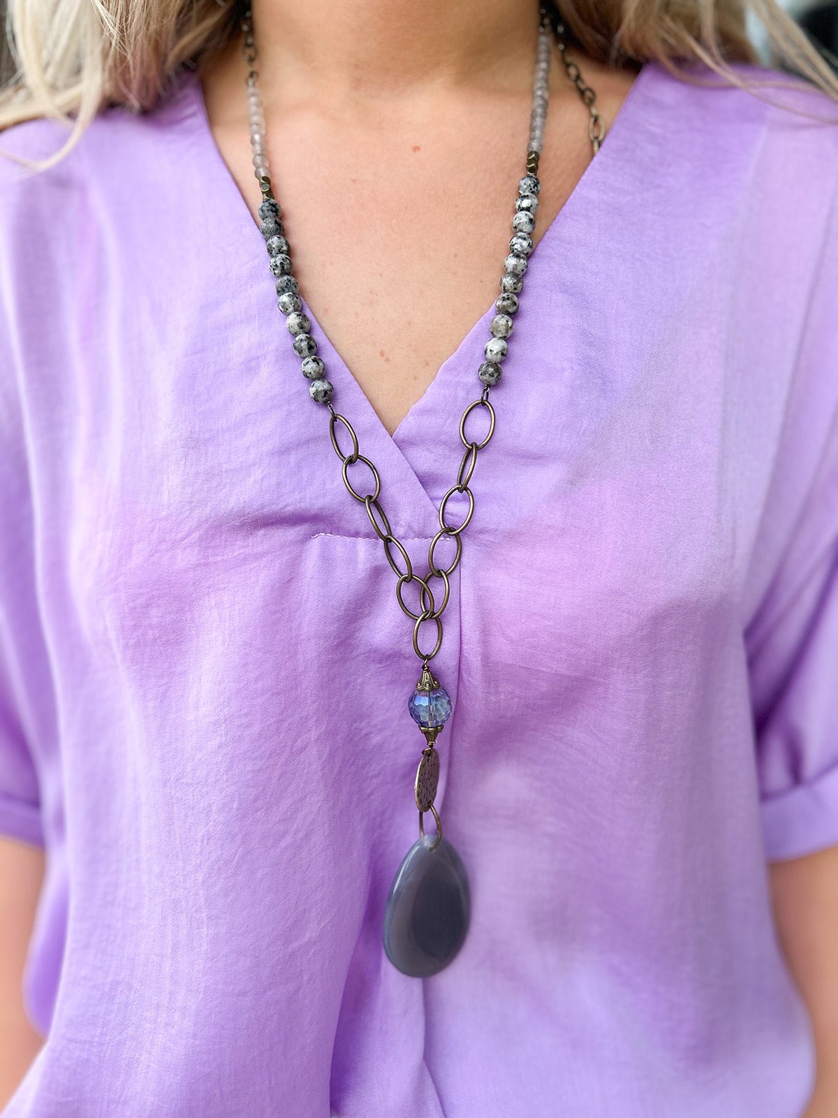 Natural Stone Bead Necklace with Stone Pendant - Gray - The Pink Pineapple 850