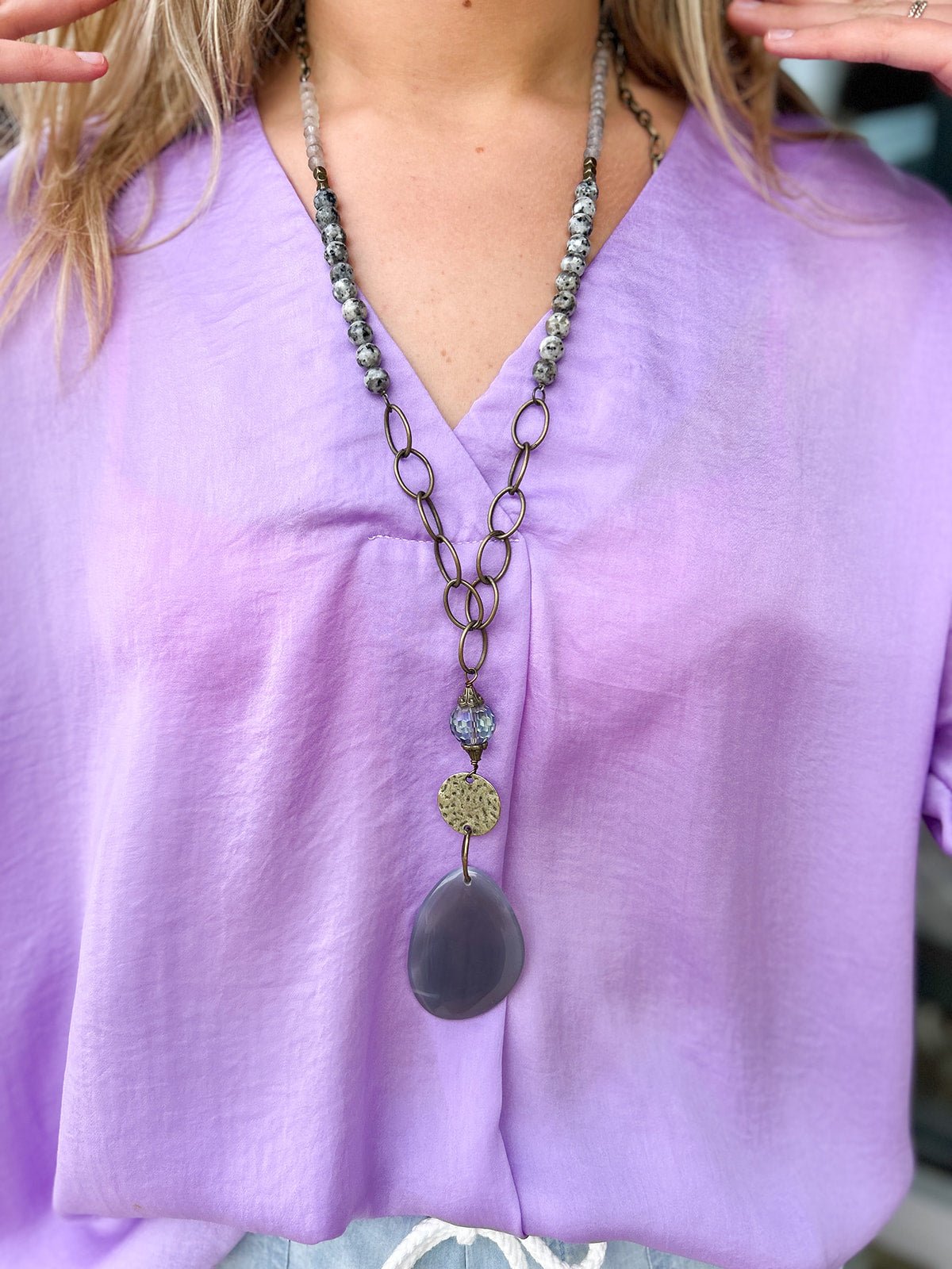 Natural Stone Bead Necklace with Stone Pendant - Gray - The Pink Pineapple 850