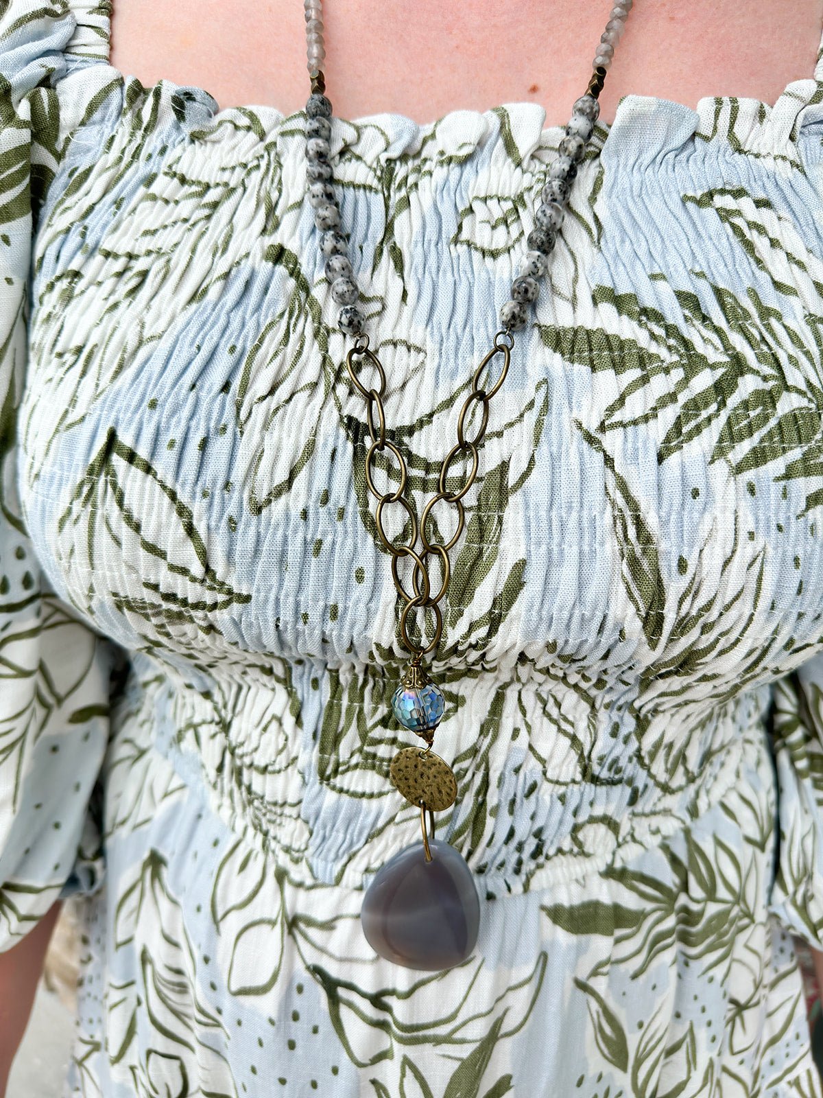 Natural Stone Bead Necklace with Stone Pendant - Gray - The Pink Pineapple 850