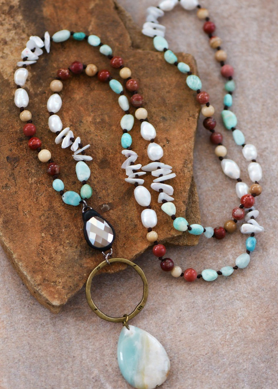 Natural Stone Bead Necklace with Stone Pendant - Mint - The Pink Pineapple 850