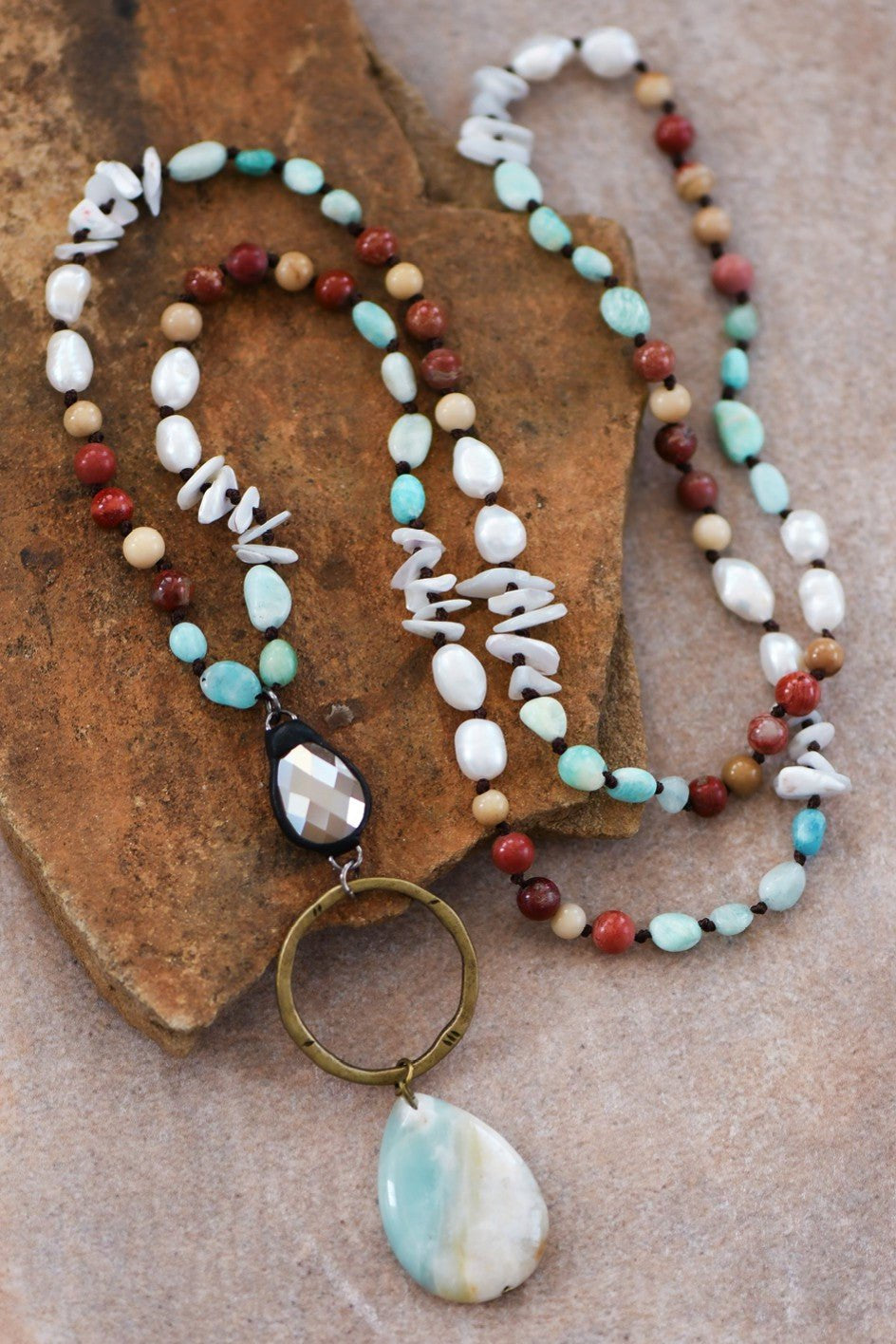 Natural Stone Bead Necklace with Stone Pendant - Mint - The Pink Pineapple 850