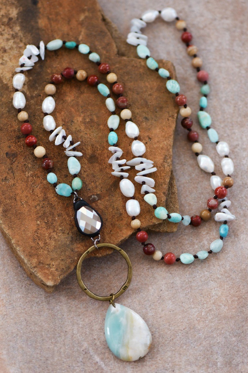 Natural Stone Bead Necklace with Stone Pendant - Mint - The Pink Pineapple 850