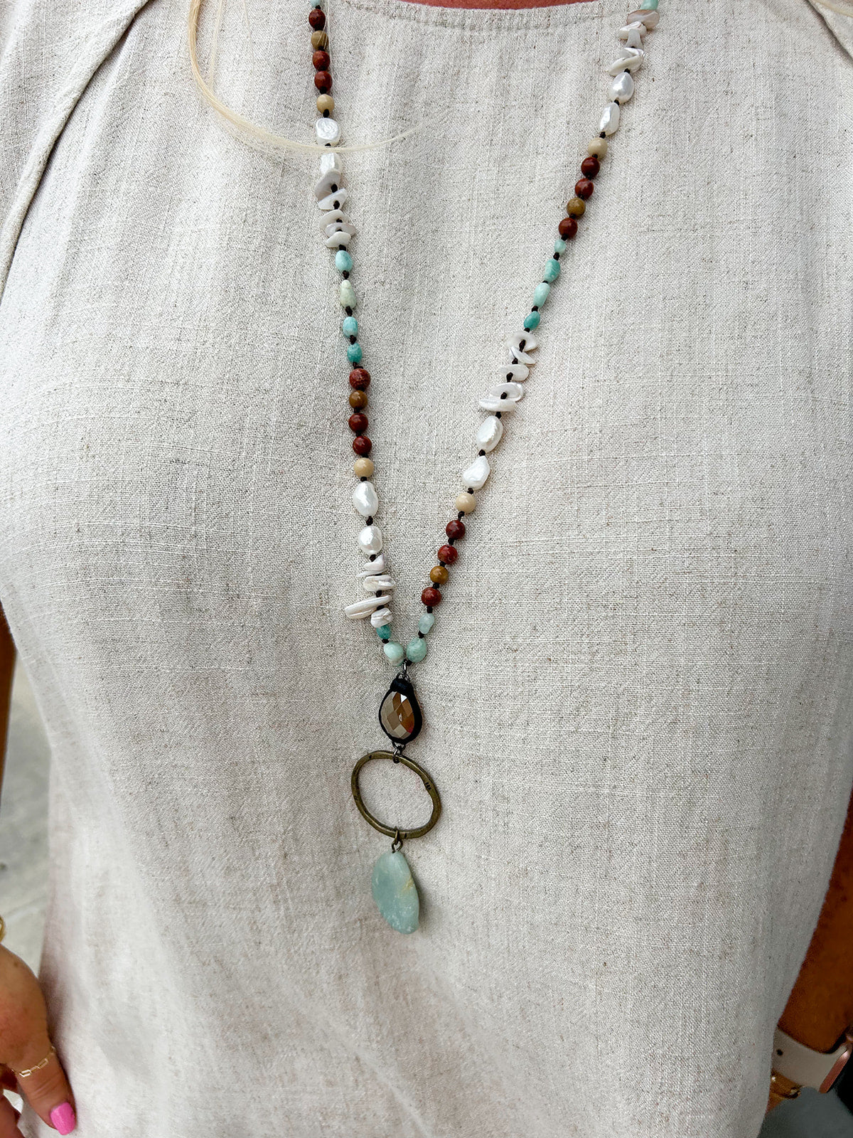 Natural Stone Bead Necklace with Stone Pendant - Mint - The Pink Pineapple 850