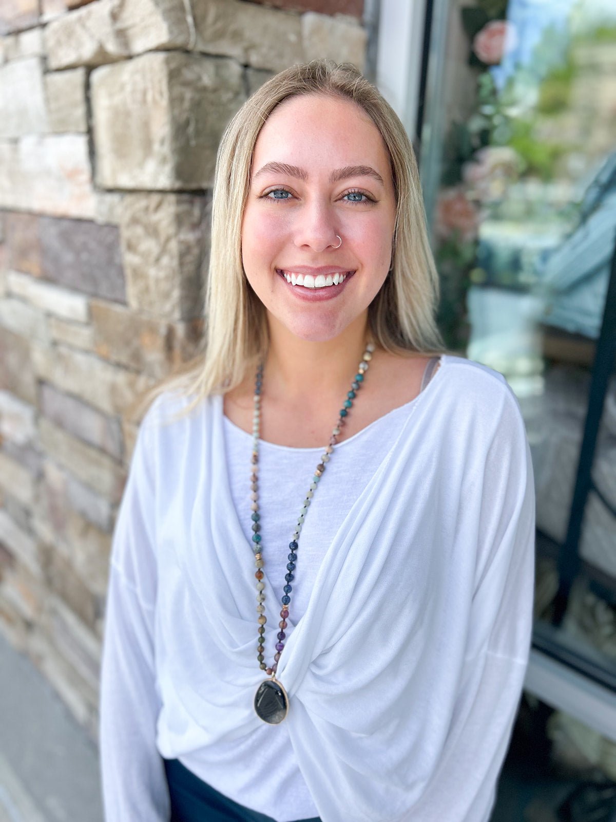 Natural Stone Bead Necklace with Stone Pendant - Multi Black Stone - The Pink Pineapple 850