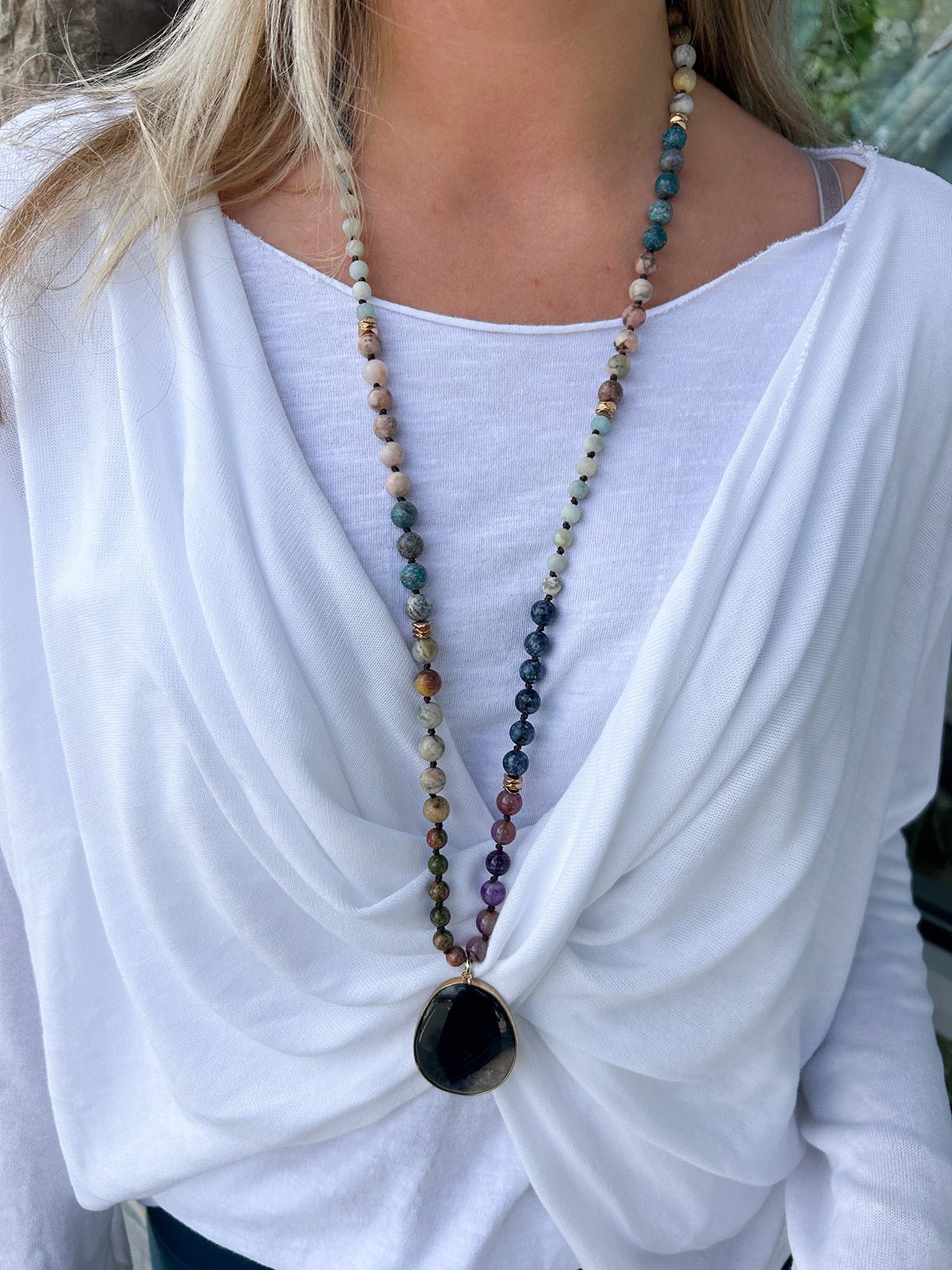 Natural Stone Bead Necklace with Stone Pendant - Multi Black Stone - The Pink Pineapple 850