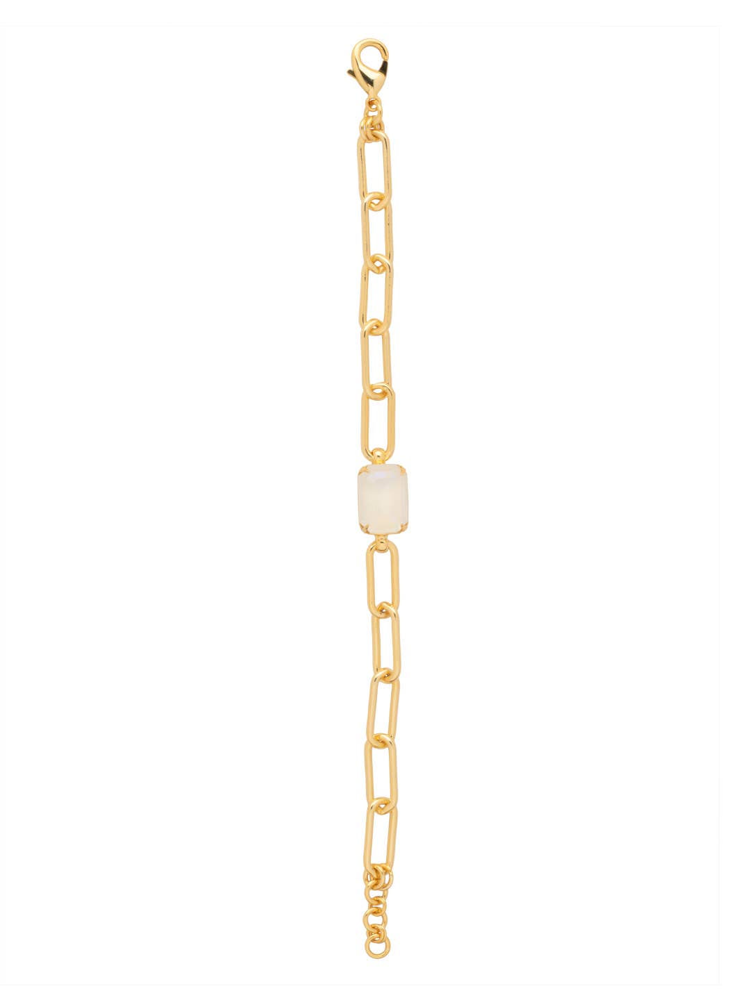 Paperclip chain tennis bracelet with a solitaire emerald-cut crystal and lobster claw clasp.