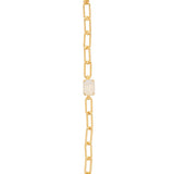 Paperclip chain tennis bracelet with a solitaire emerald-cut crystal and lobster claw clasp.