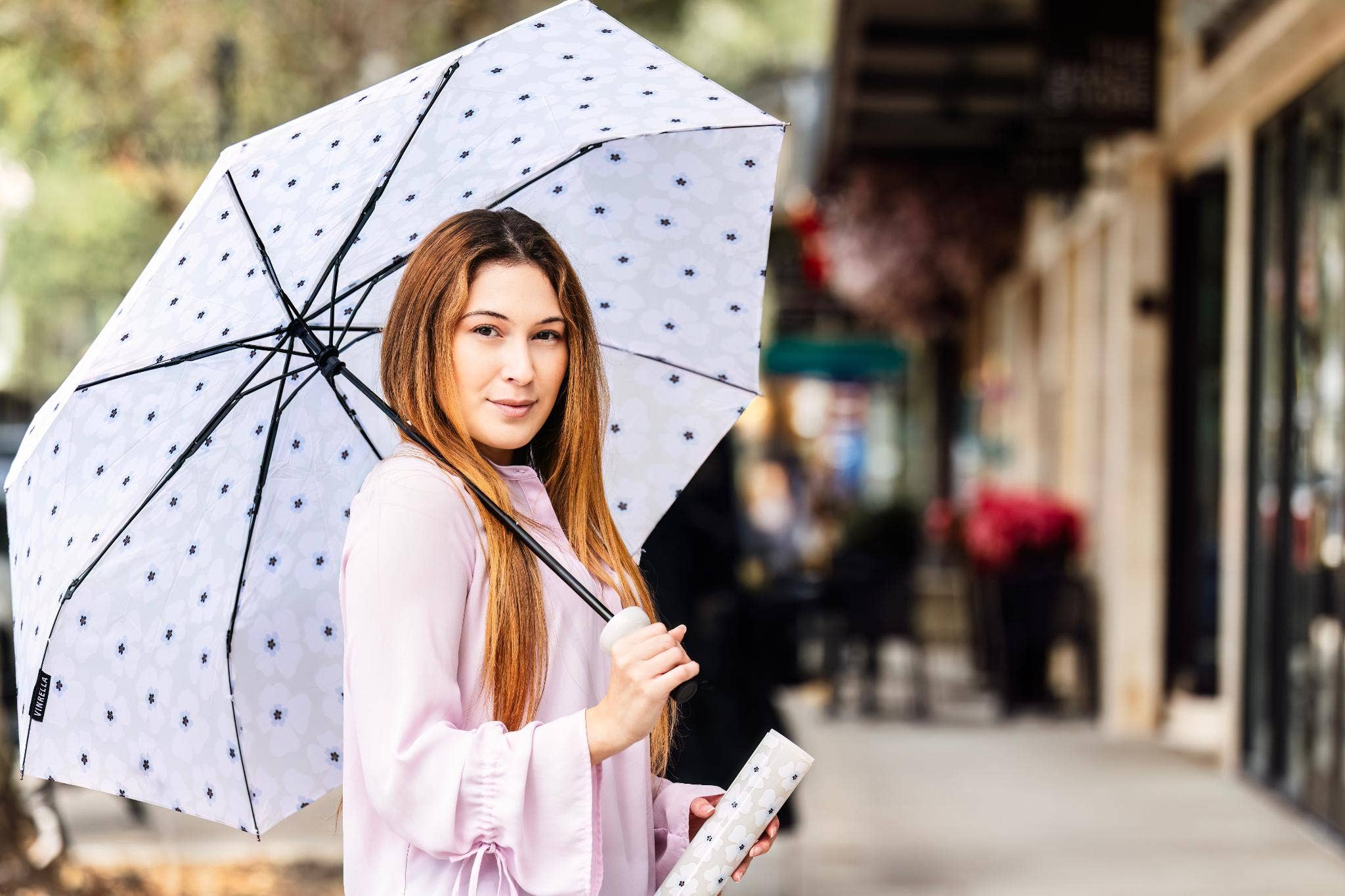 Nikki on Grey Bottle Umbrella - The Pink Pineapple 850