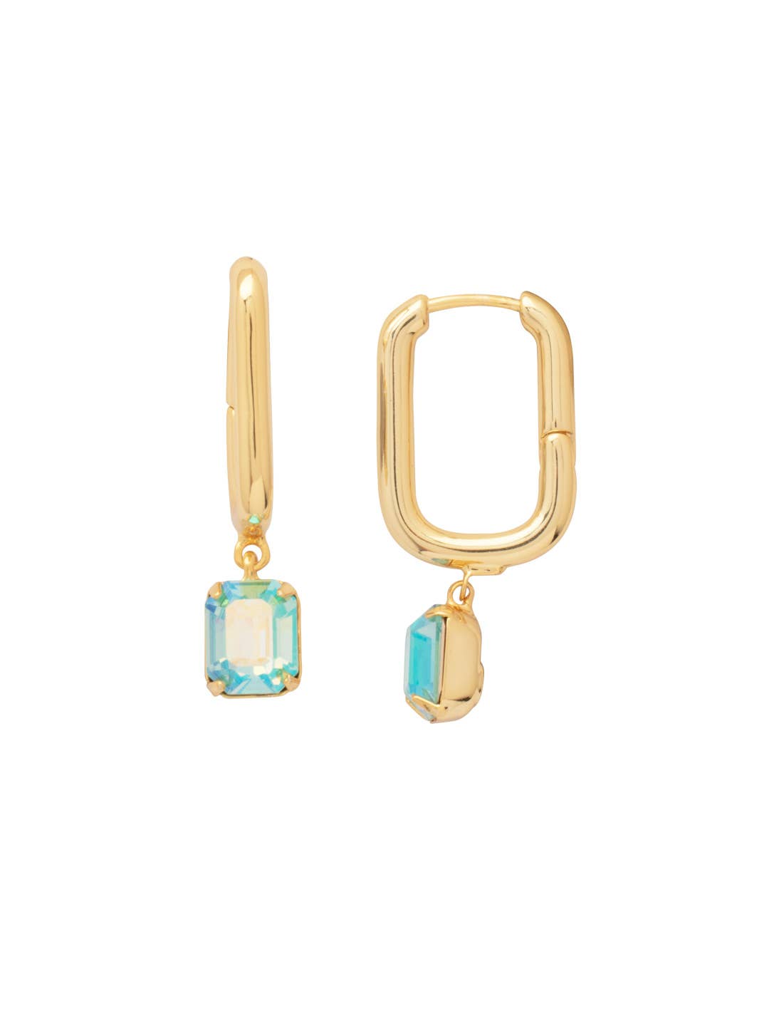 Rectangle hoop earrings with a blue emerald-cut crystal dangle in gold-tone finish.