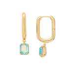 Rectangle hoop earrings with a blue emerald-cut crystal dangle in gold-tone finish.