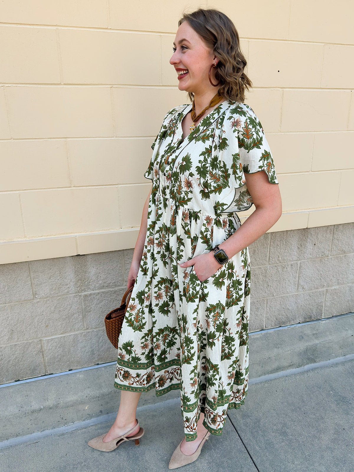 Olive Harvest Scalloped Midi Dress - The Pink Pineapple 850