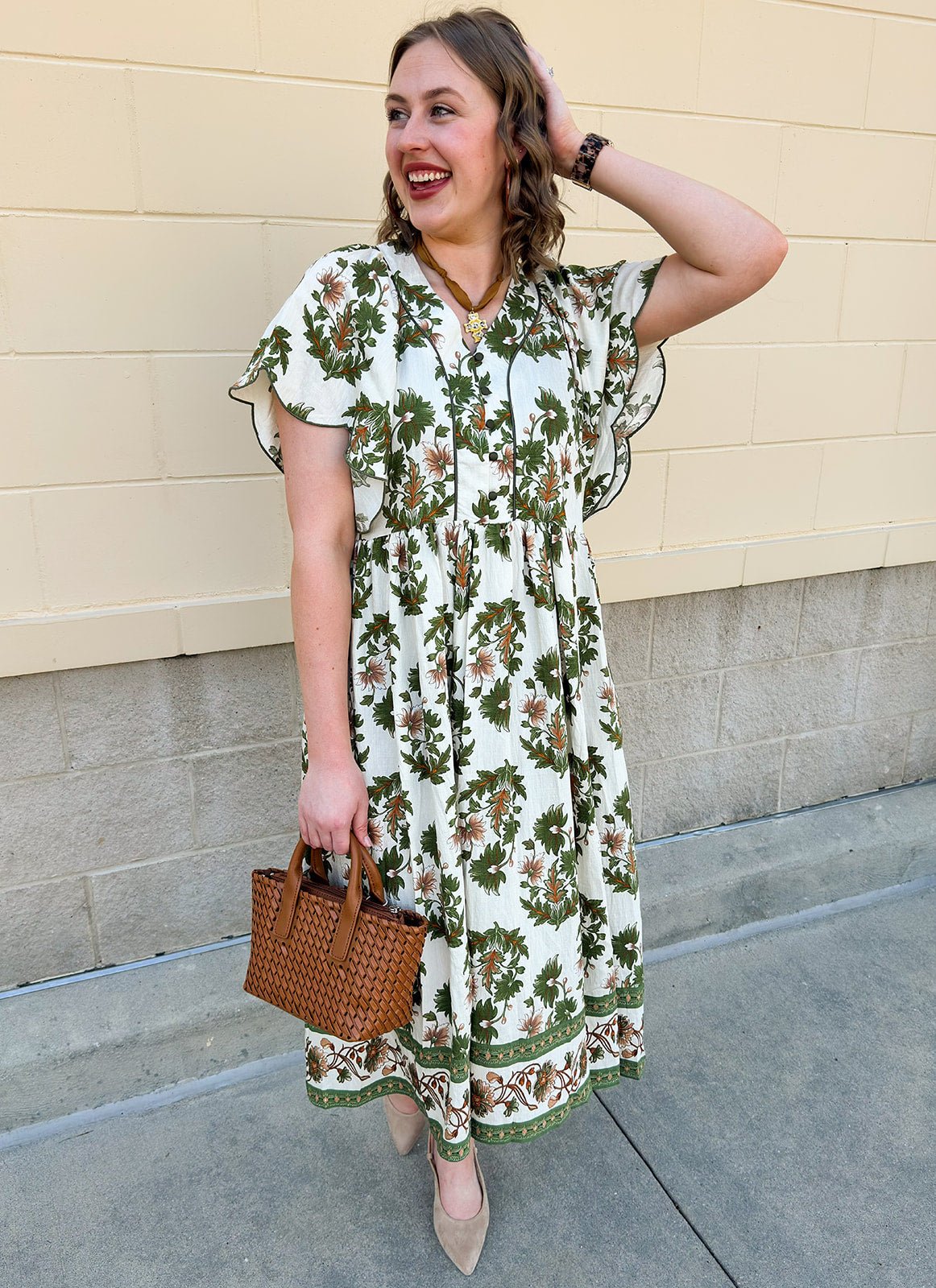 Olive Harvest Scalloped Midi Dress - The Pink Pineapple 850