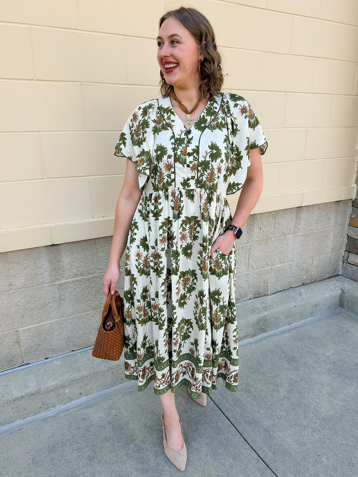 Olive Harvest Scalloped Midi Dress - The Pink Pineapple 850