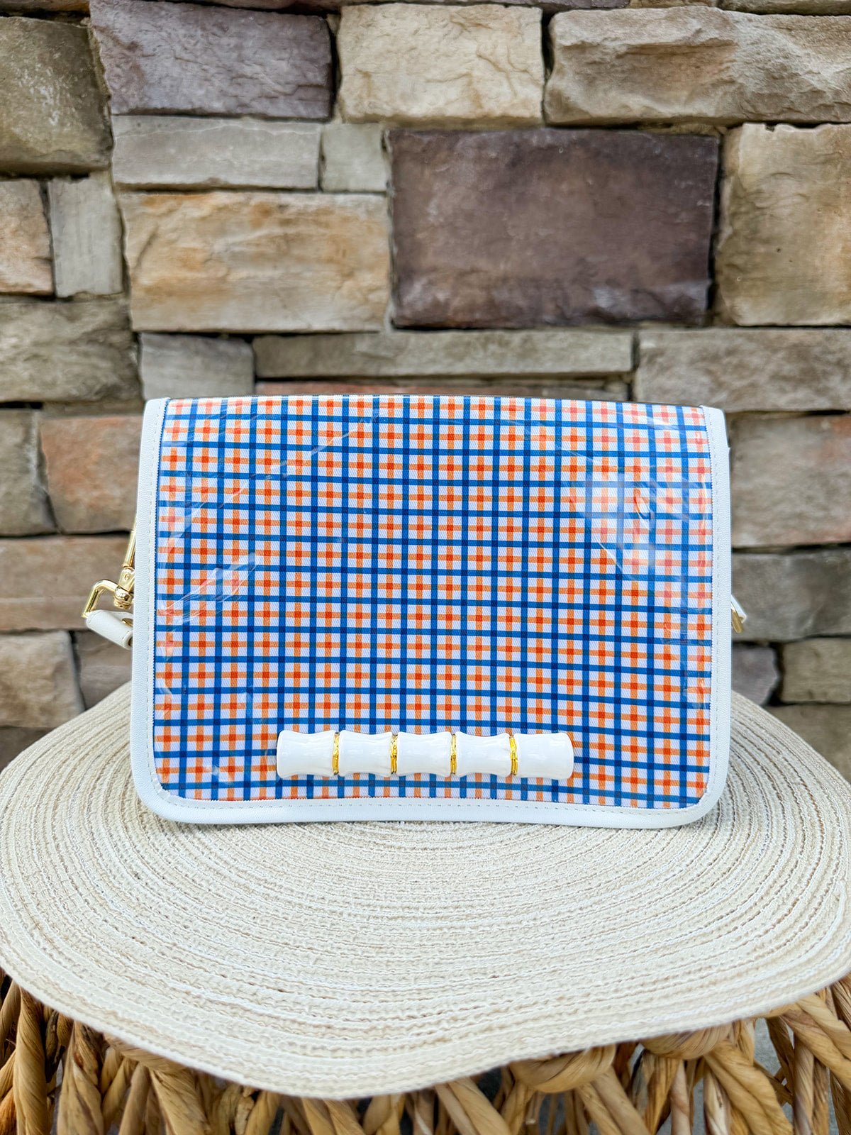 Orange & Blue Gingham Bamboo Stadium Crossbody Bag - The Pink Pineapple 850