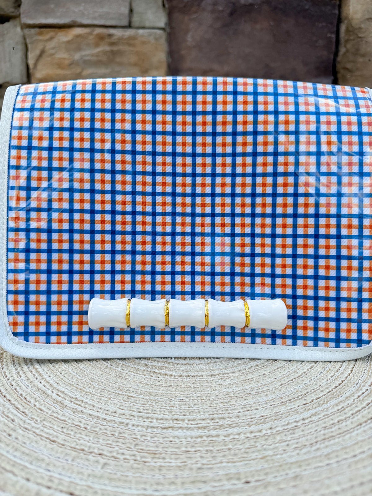 Orange & Blue Gingham Bamboo Stadium Crossbody Bag - The Pink Pineapple 850