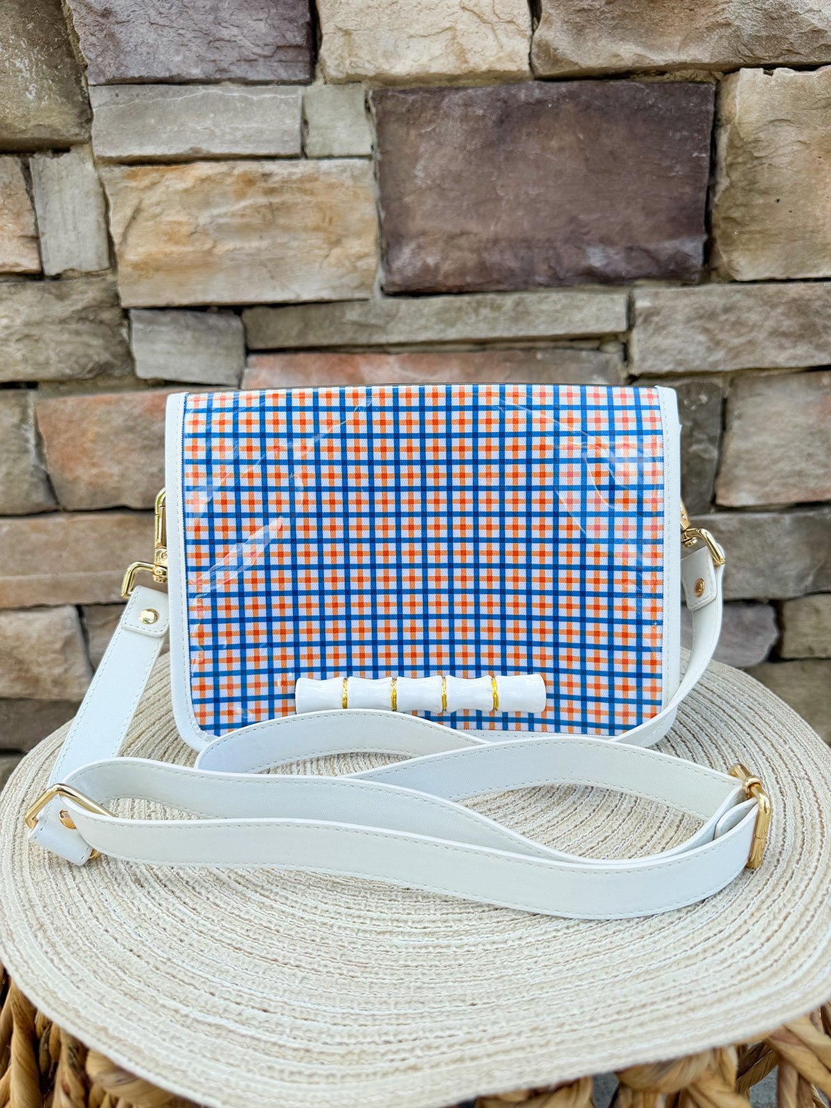 Orange & Blue Gingham Bamboo Stadium Crossbody Bag - The Pink Pineapple 850