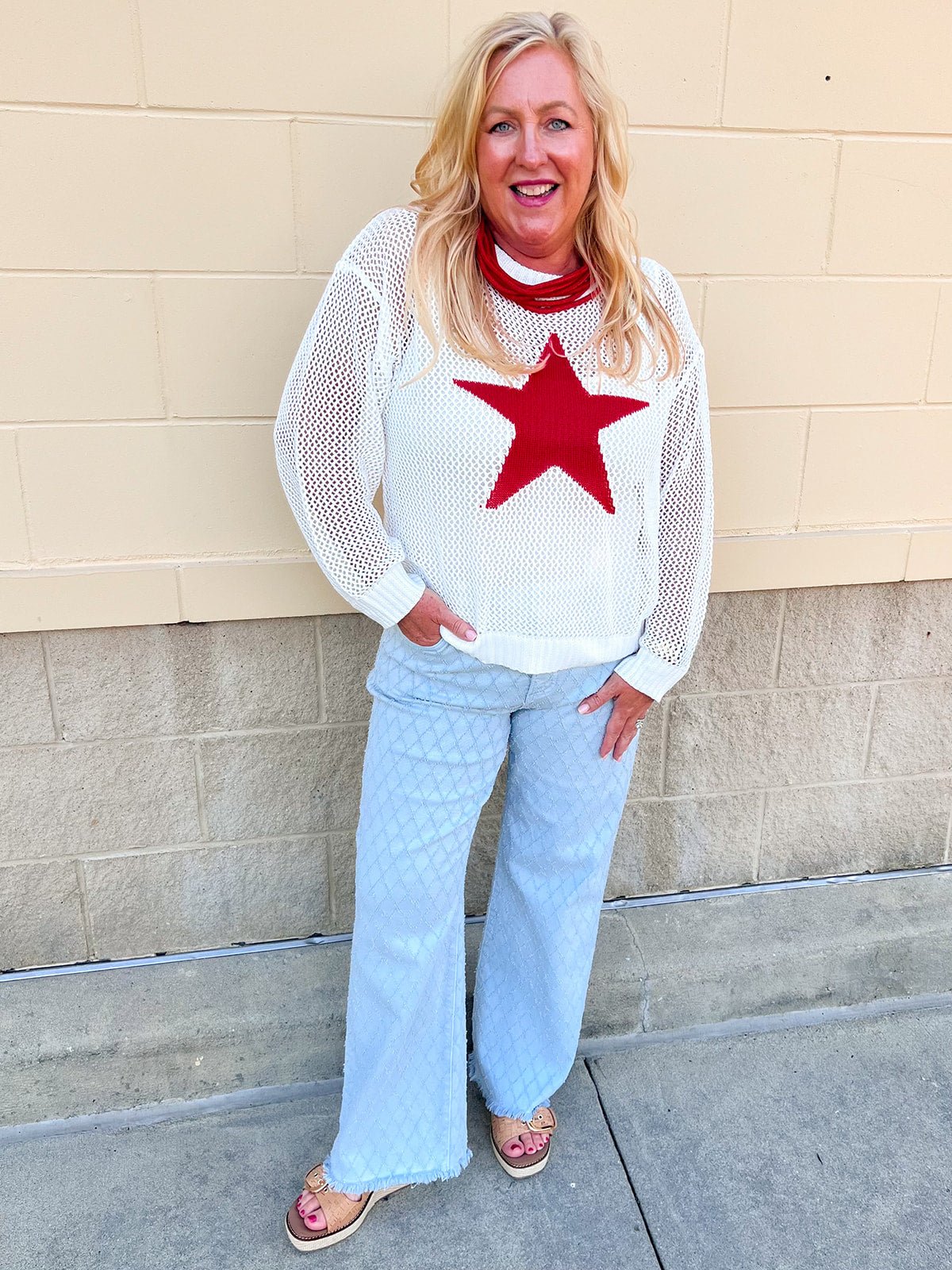 Patriot Drift Open-Stitch Star Sweater Top - The Pink Pineapple 850