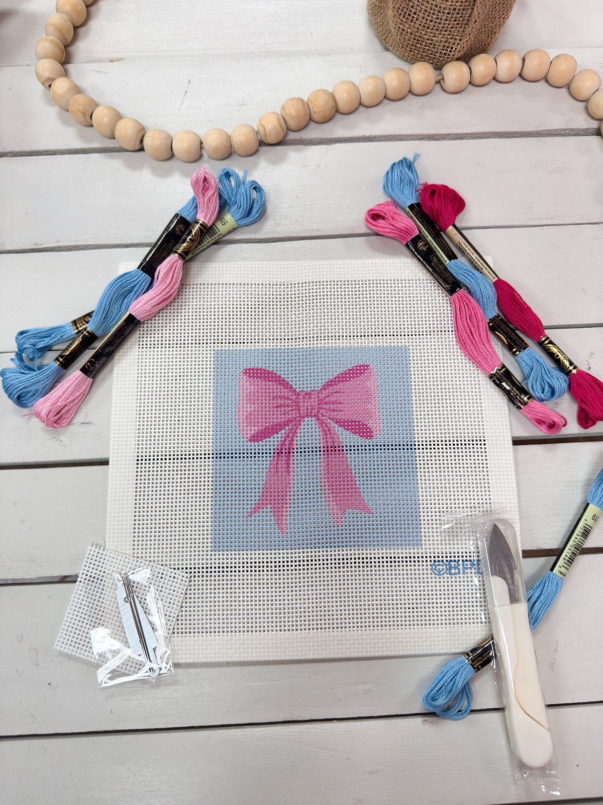Pink & Blue Bow Needlepoint Kit - The Pink Pineapple 850