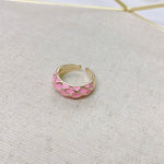 Pink checkered enamel ring with stacked band design