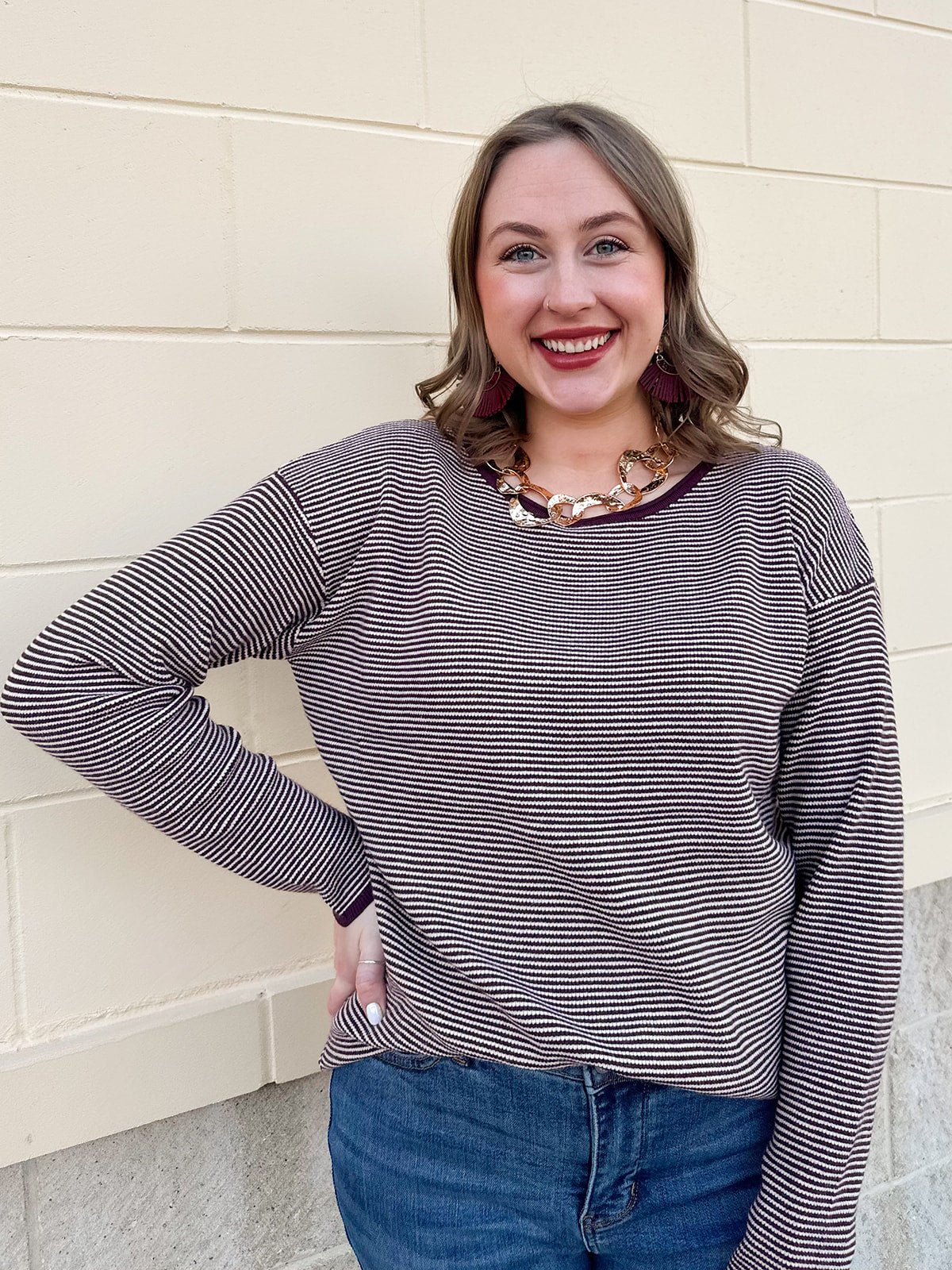 Plum Whisper Pinstriped Waffle Sweater - The Pink Pineapple 850