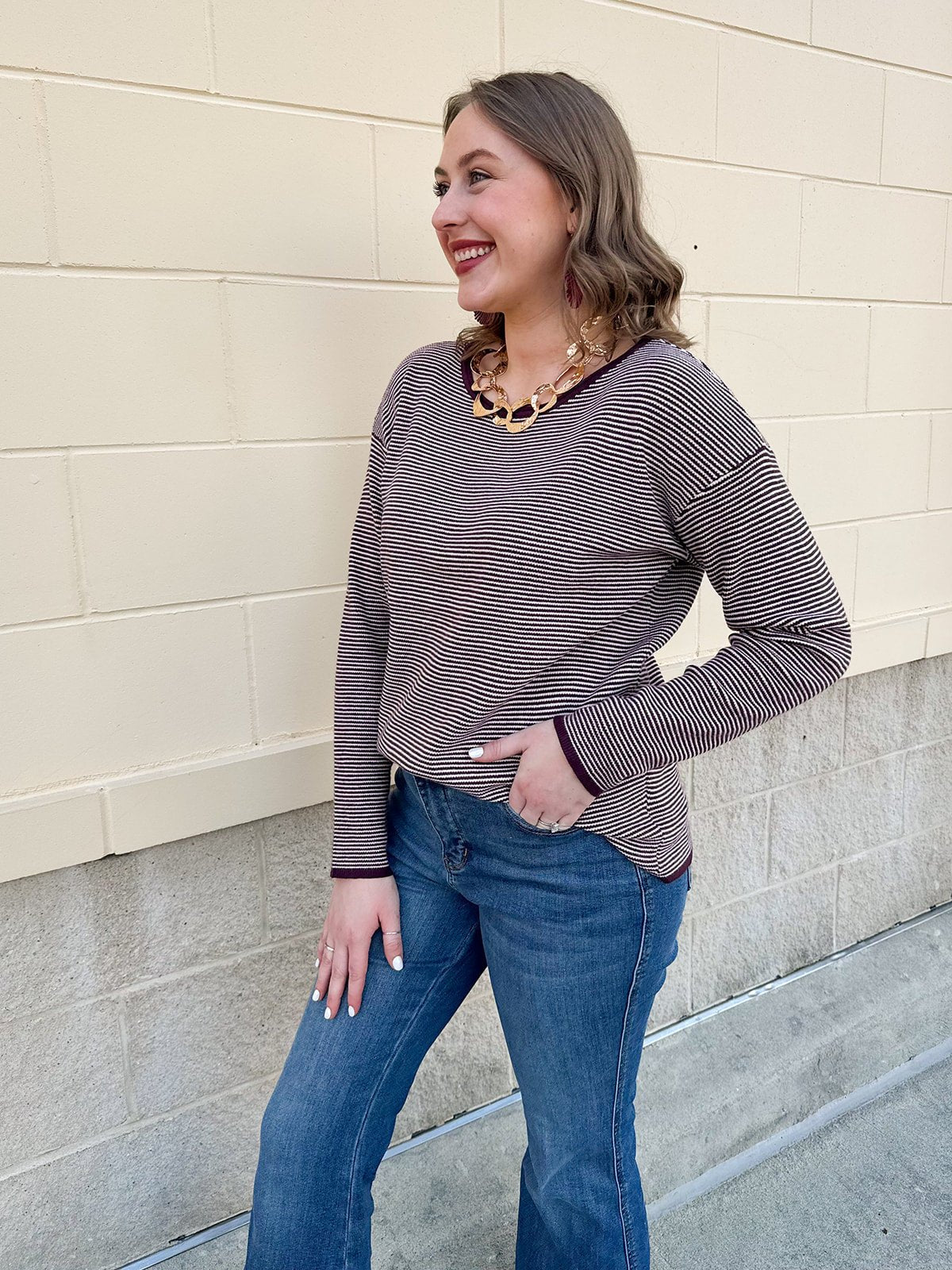 Plum Whisper Pinstriped Waffle Sweater - The Pink Pineapple 850