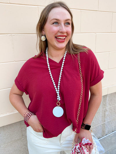 Polished Center Seam Woven Top in Garnet - The Pink Pineapple 850