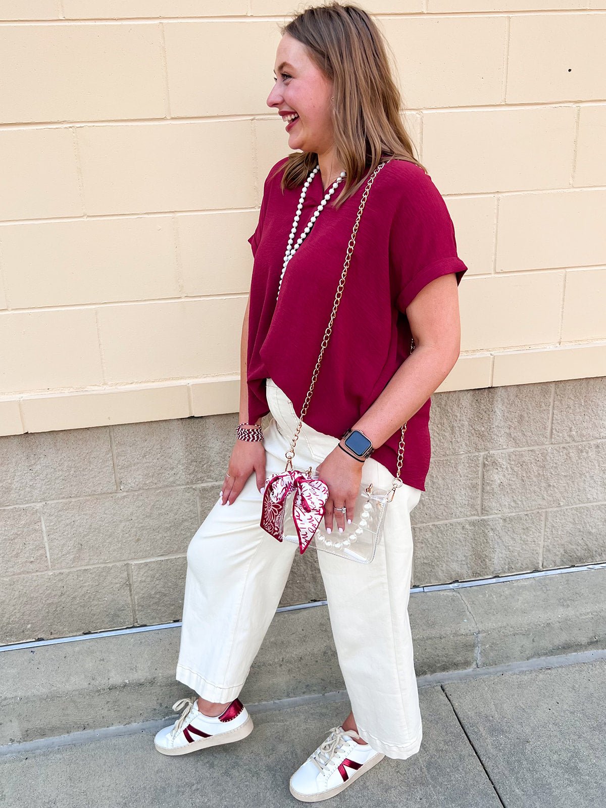 Polished Center Seam Woven Top in Garnet - The Pink Pineapple 850