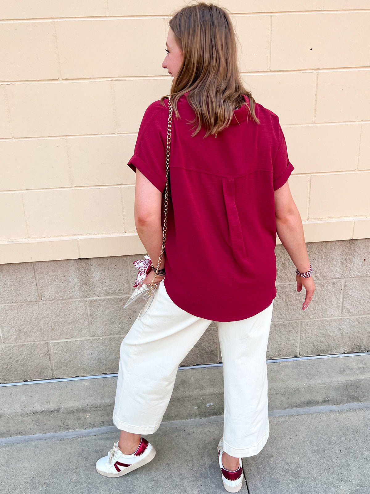 Polished Center Seam Woven Top in Garnet - The Pink Pineapple 850