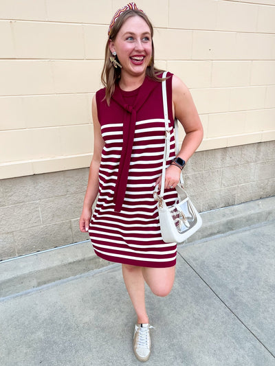 Polished Stripe Tie Shoulder Dress in Garnet - The Pink Pineapple 850