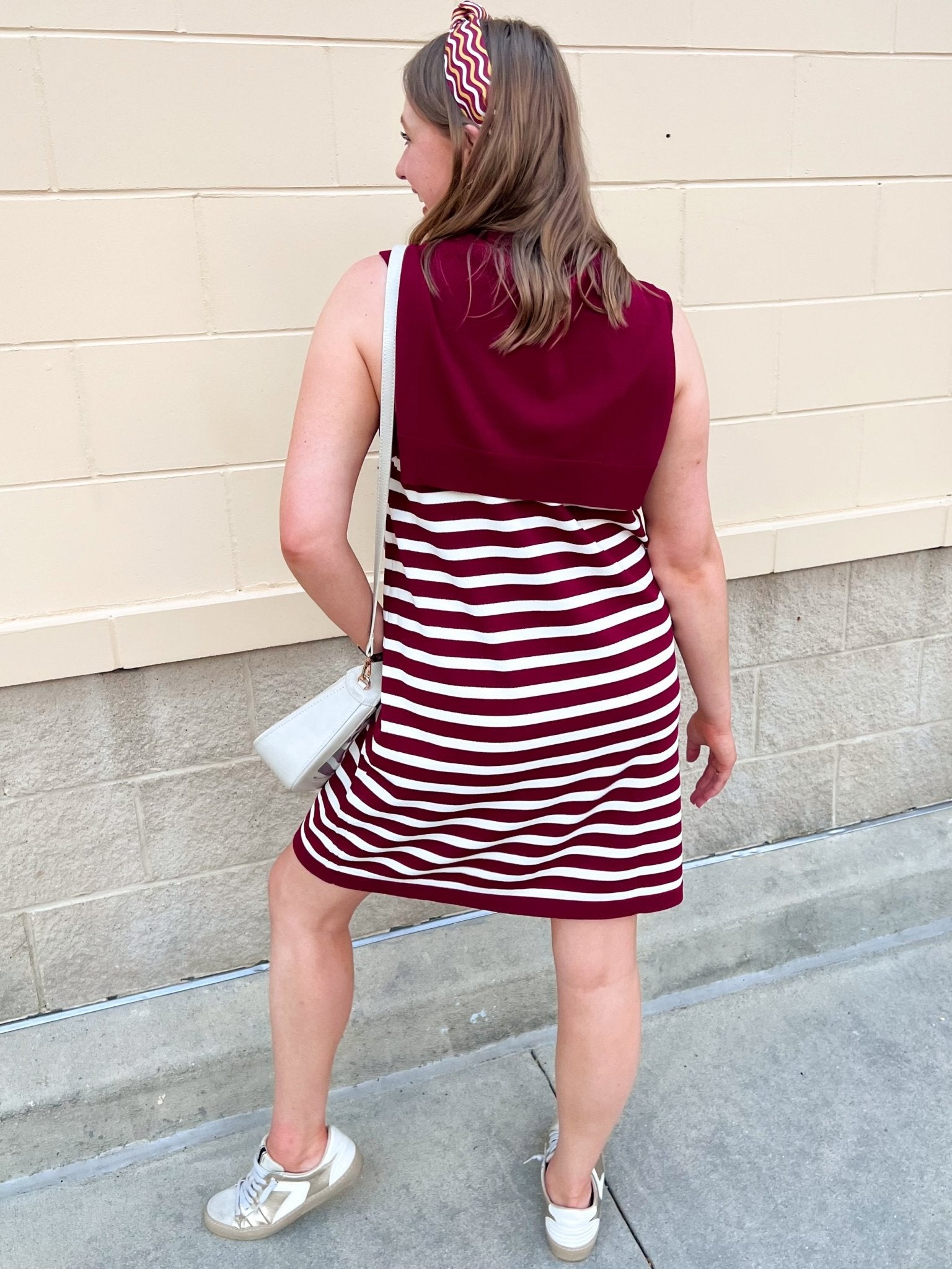 Polished Stripe Tie Shoulder Dress in Garnet - The Pink Pineapple 850