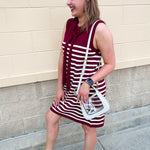 Polished Stripe Tie Shoulder Dress in Garnet - The Pink Pineapple 850