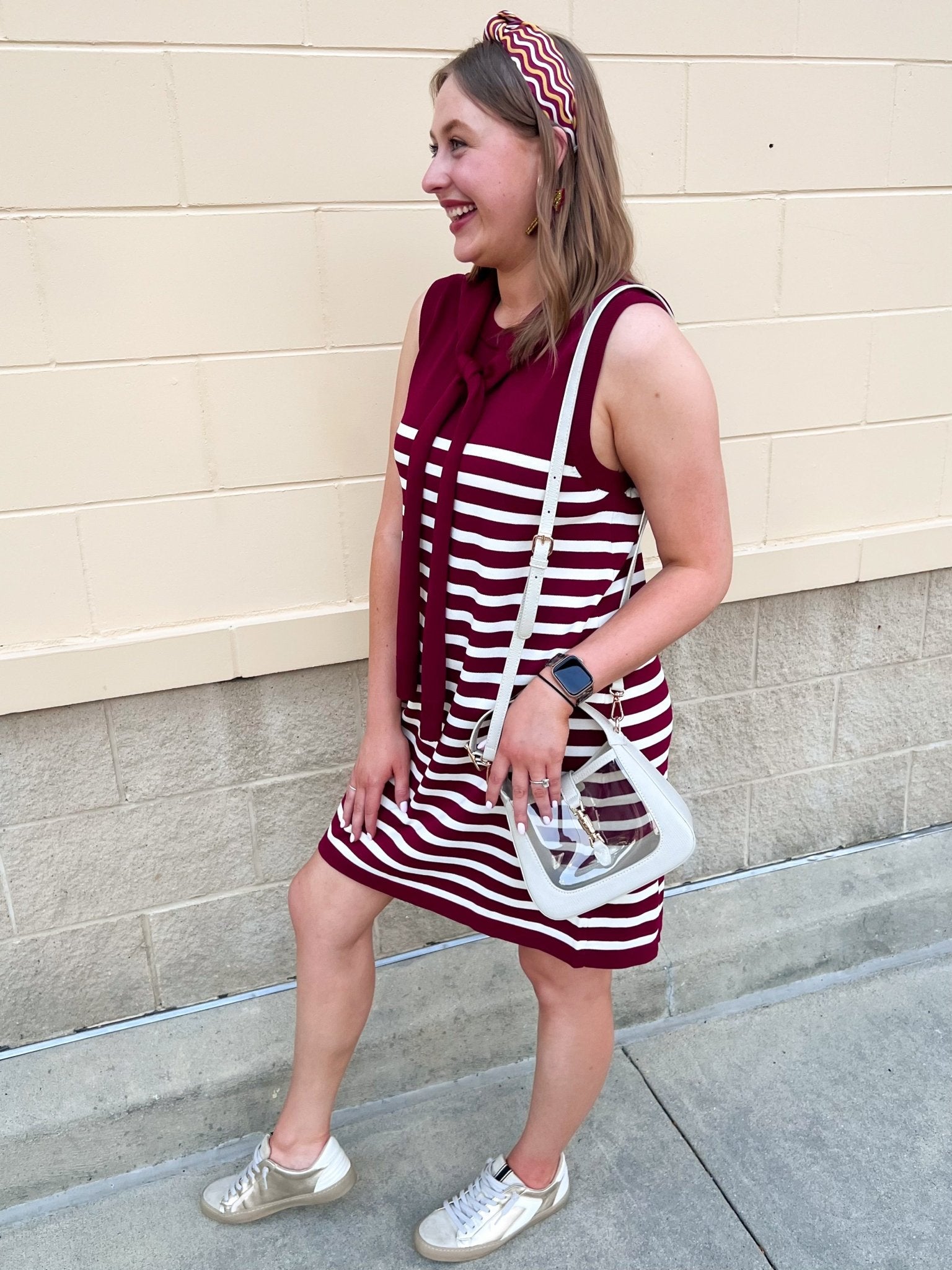 Polished Stripe Tie Shoulder Dress in Garnet - The Pink Pineapple 850