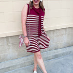 Polished Stripe Tie Shoulder Dress in Garnet - The Pink Pineapple 850