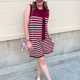 Polished Stripe Tie Shoulder Dress in Garnet - The Pink Pineapple 850