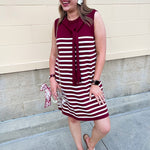 Polished Stripe Tie Shoulder Dress in Garnet - The Pink Pineapple 850