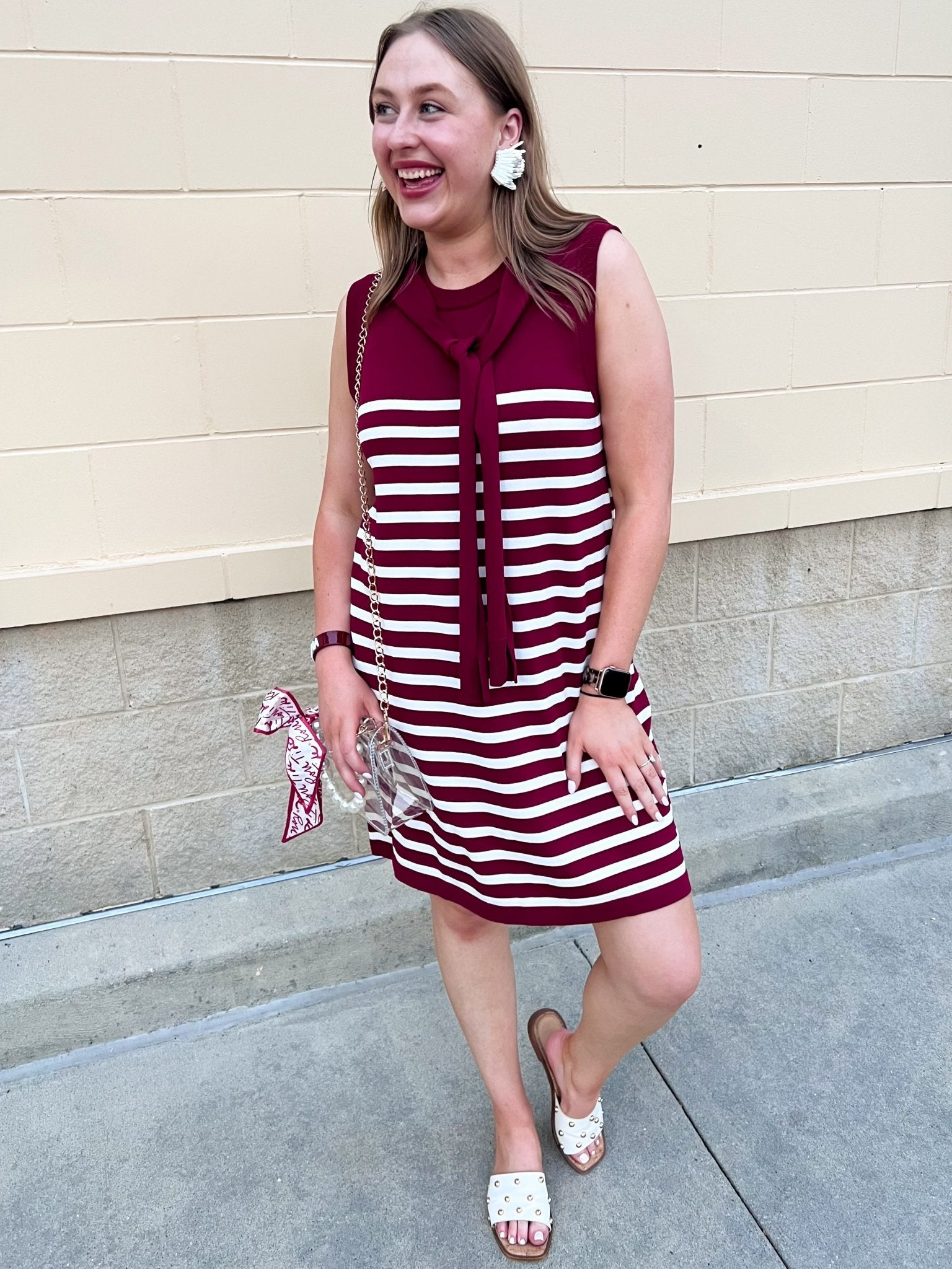 Polished Stripe Tie Shoulder Dress in Garnet - The Pink Pineapple 850