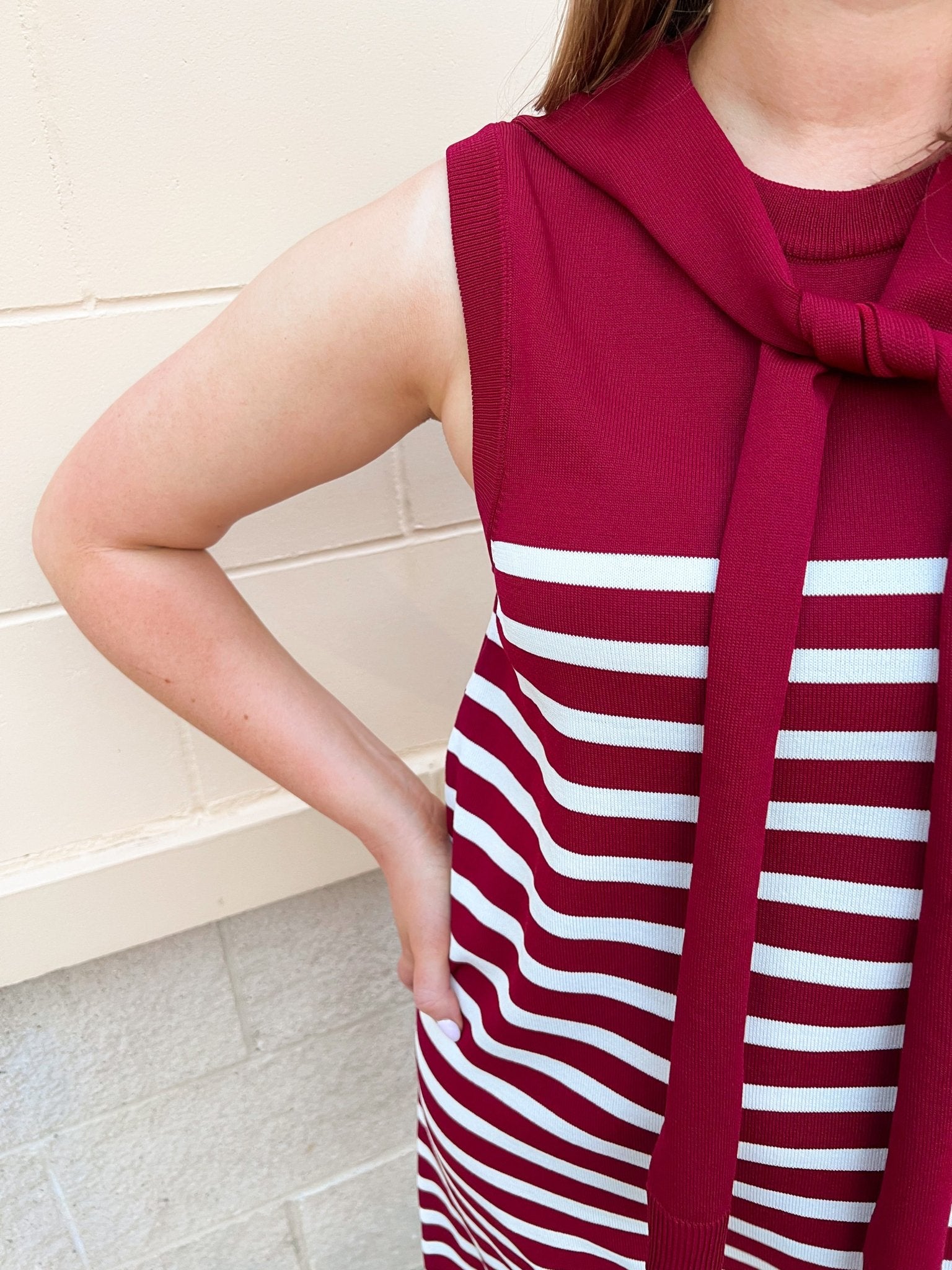 Polished Stripe Tie Shoulder Dress in Garnet - The Pink Pineapple 850
