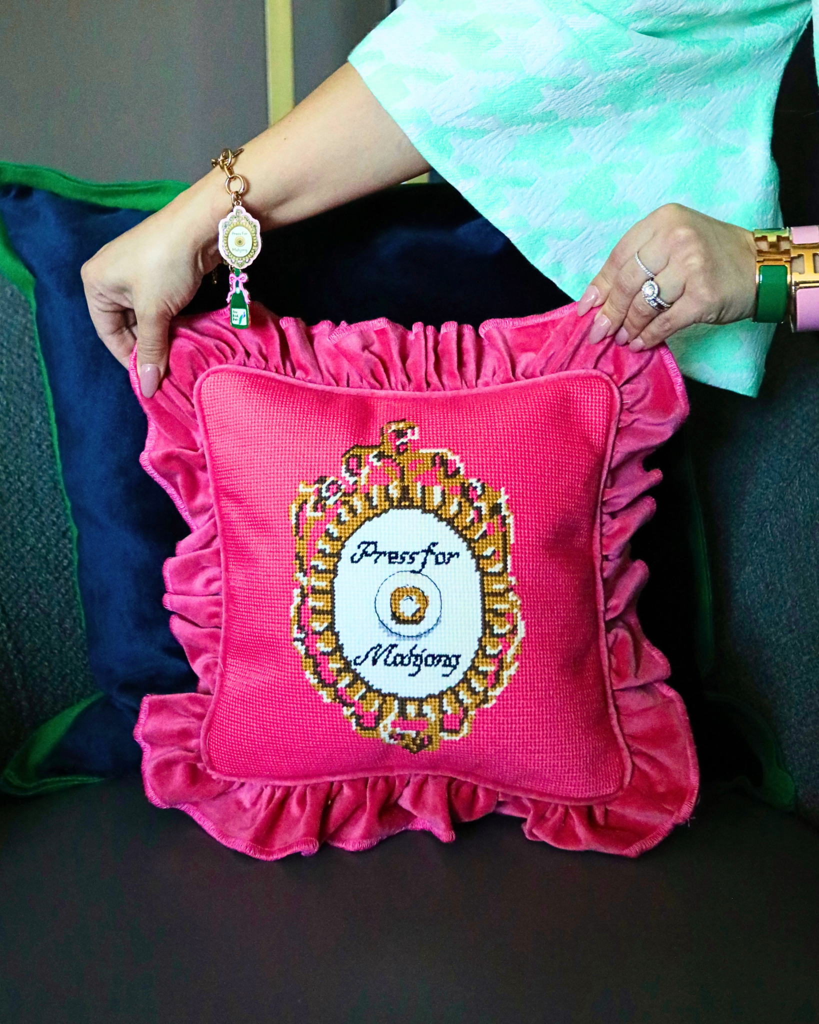 Press for Mahjong Needlepoint Pillow - The Pink Pineapple 850