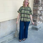 [THML] Ruffle Neck Plaid Blouse in green with white, yellow, and brown plaid and a ruffled neckline