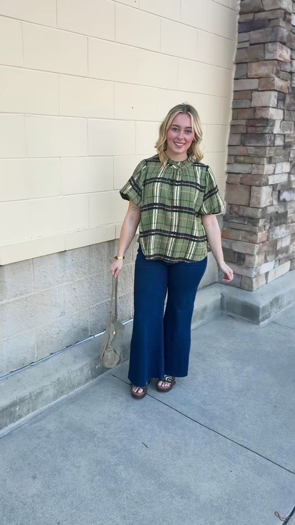 [THML] Ruffle Neck Plaid Blouse in green with white, yellow, and brown plaid and a ruffled neckline