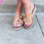Cork wedge sandals with adjustable straps and buckle detail.