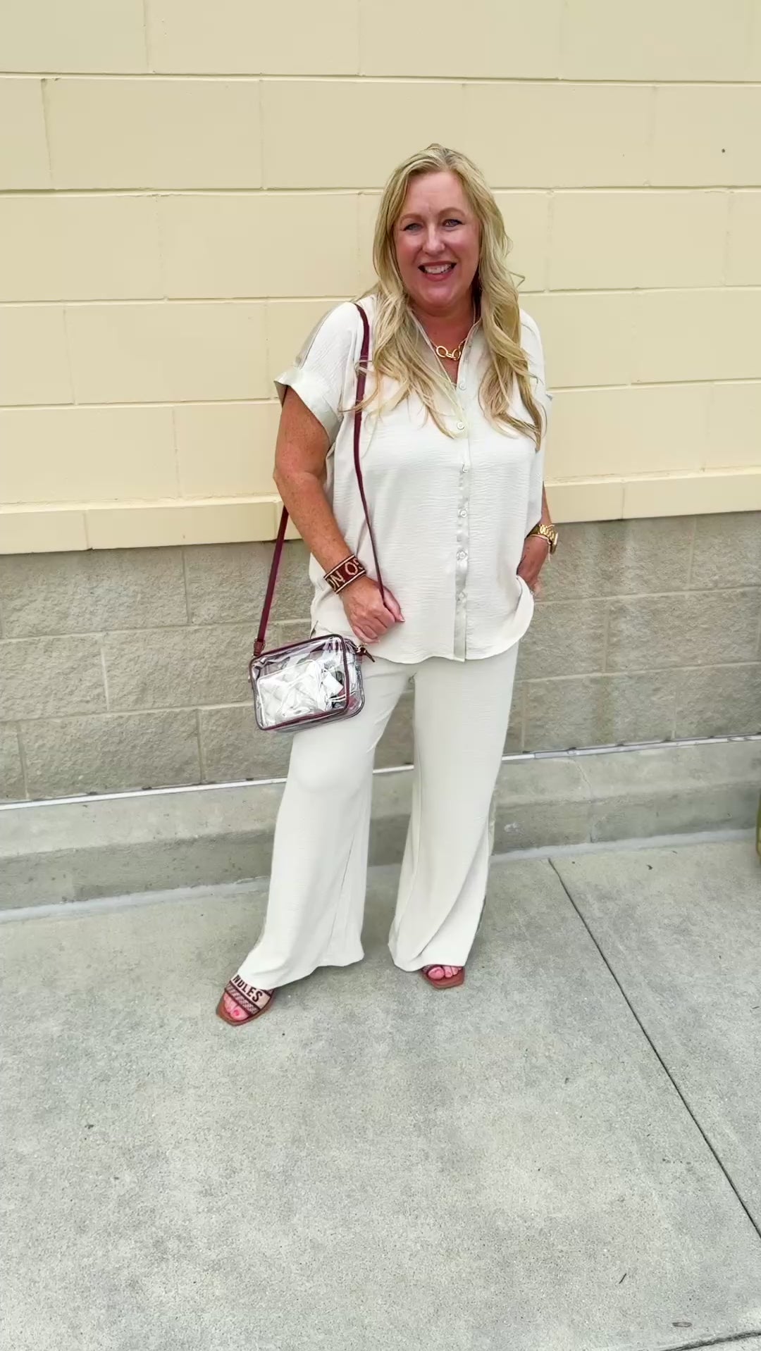 Oatmeal button-down top with gold trim, relaxed fit